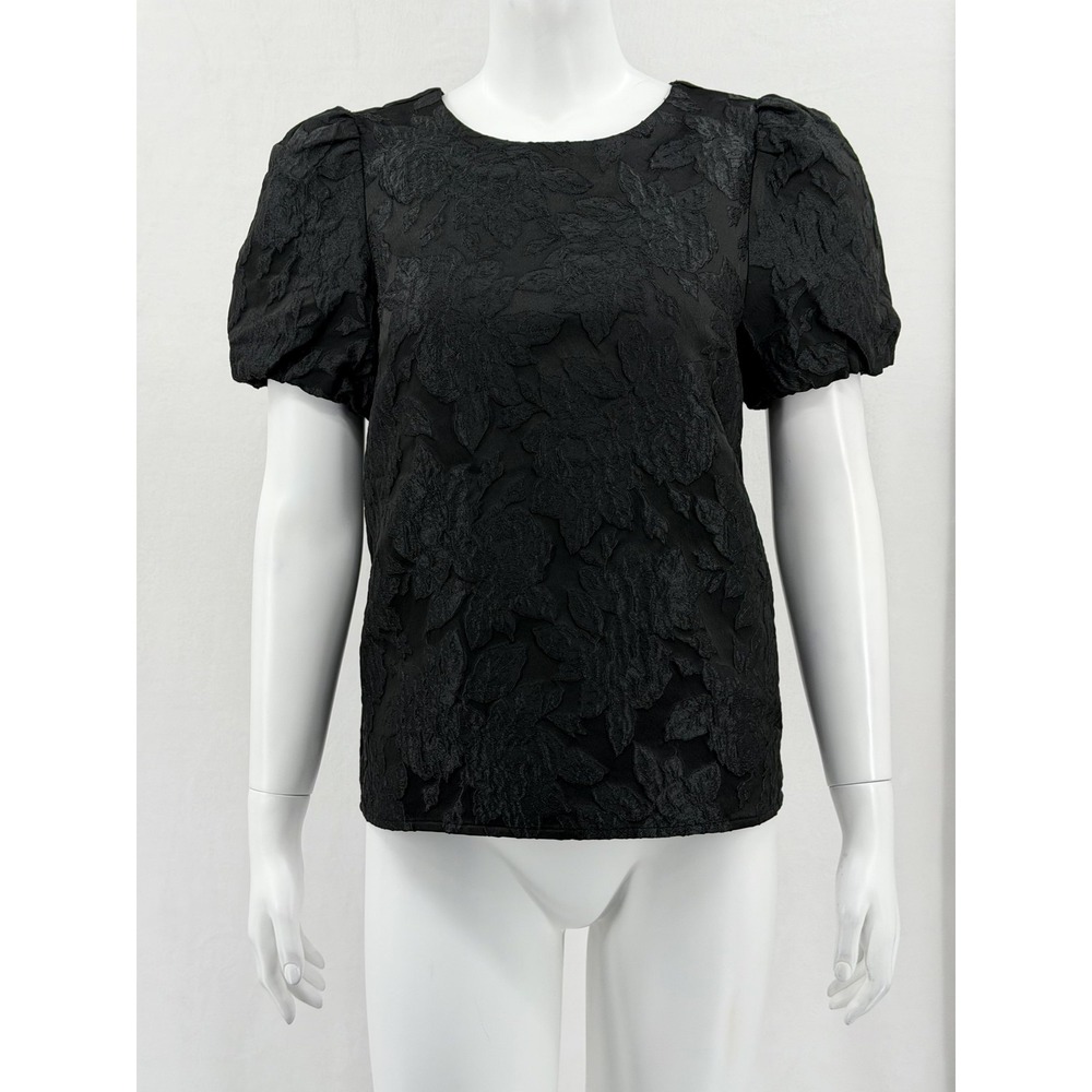 J Crew Top Womens XS Black Textured Floral Puff Sleeve Bow Back Dark Coquette